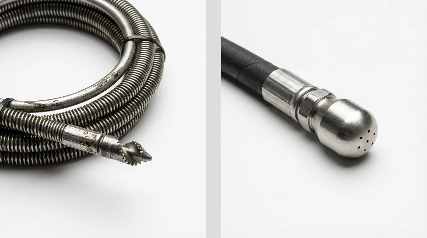 Drain snake cable and hydro jetting nozzle used for drain cleaning in Moorhead, MN