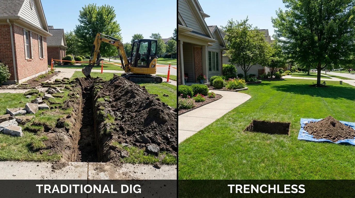Trenchless sewer repair with minimal yard damage versus traditional excavation in Moorhead, MN