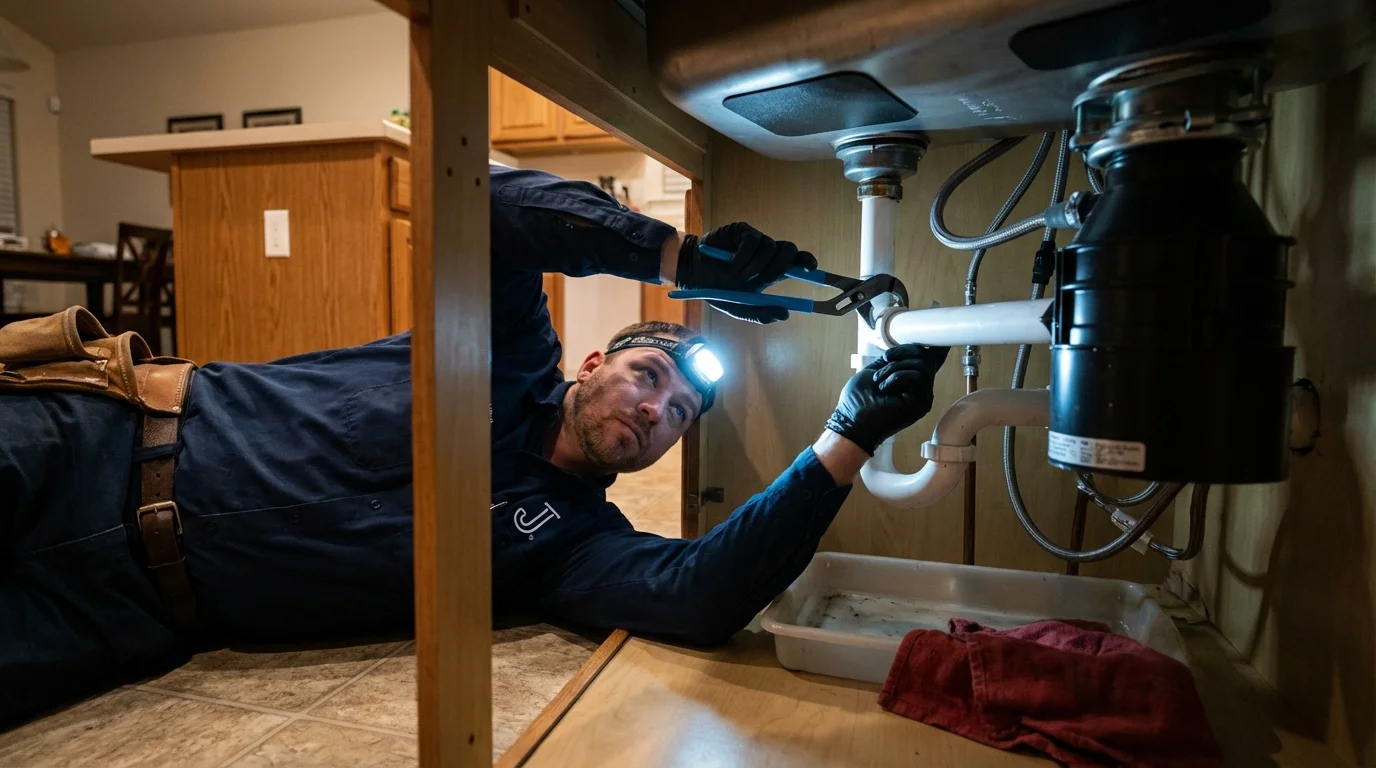 P-trap and supply line connections under a kitchen sink showing a common leak point in Moorhead, MN
